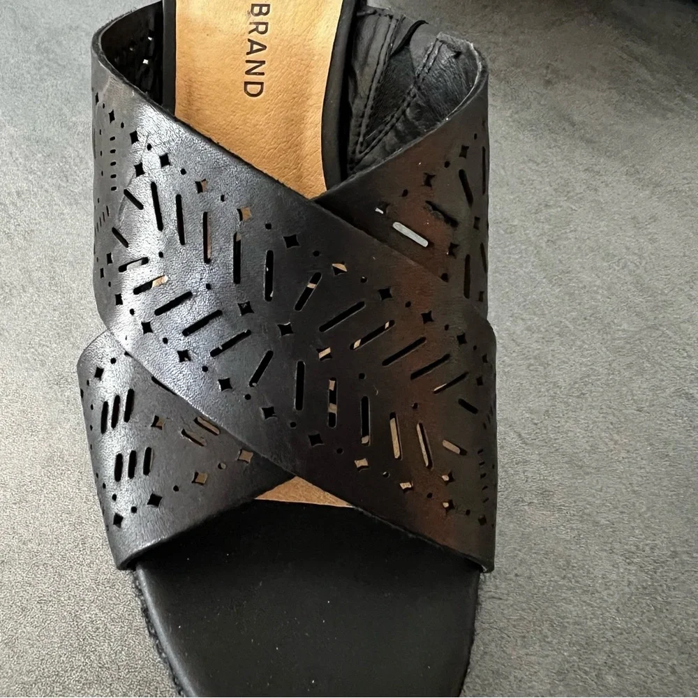 Lucky Brand Black Laser-Cut Leather Wedge Sandals